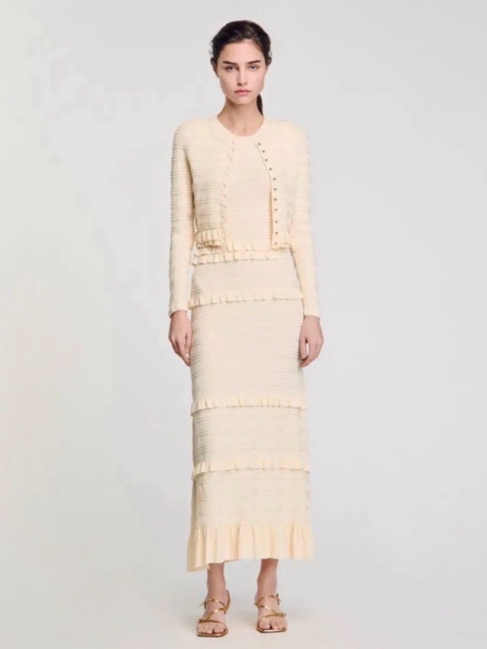 Sandro set Cream Knit Maxi Dress and Cardigan with Tiered Ruffle Panels